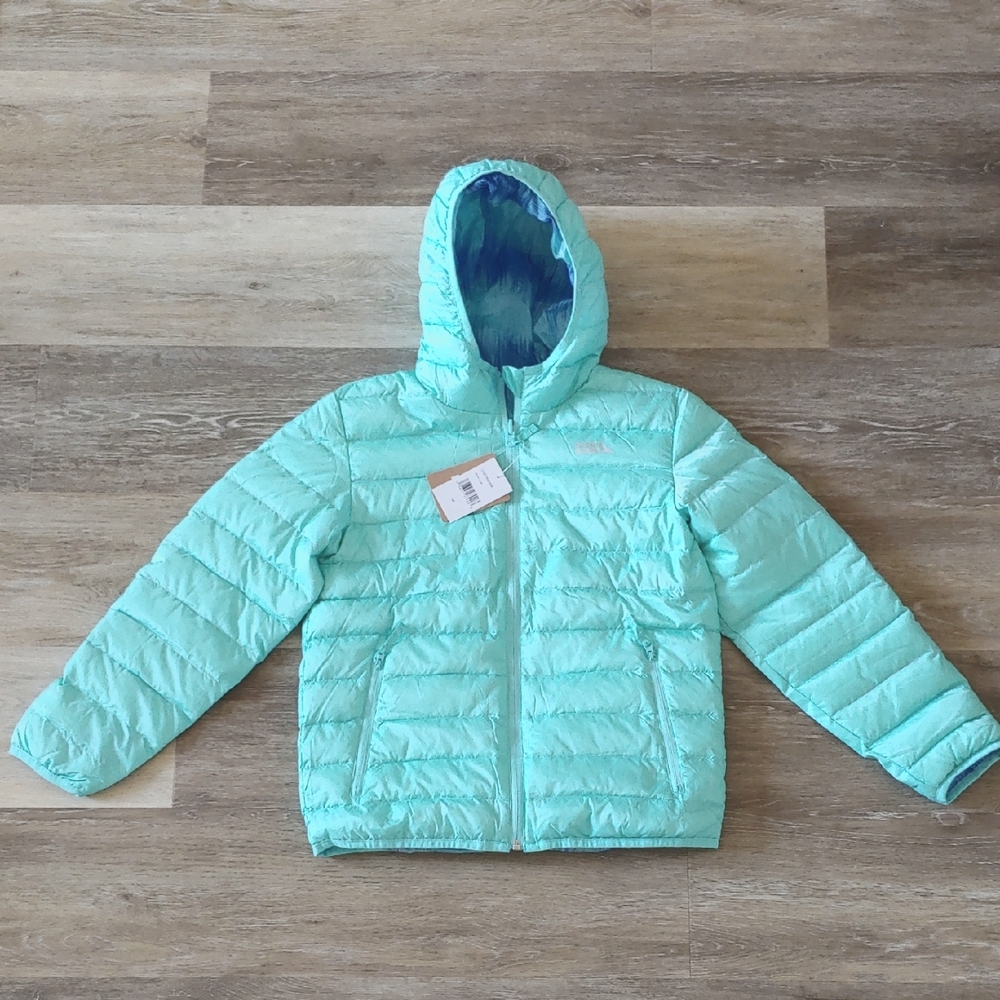 NWT Eddie Bauer Kids Reversible Down Puffer Hooded Jacket Teal Blue Size M